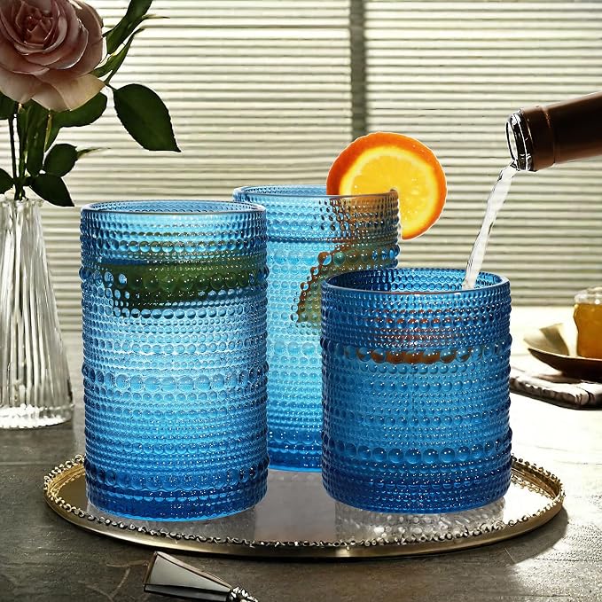 Vintage Hobnail Drinking Glass Set of 8 - 12 oz Highball & 10 oz Cocktail Tumblers for Whiskey, Juice, Milk