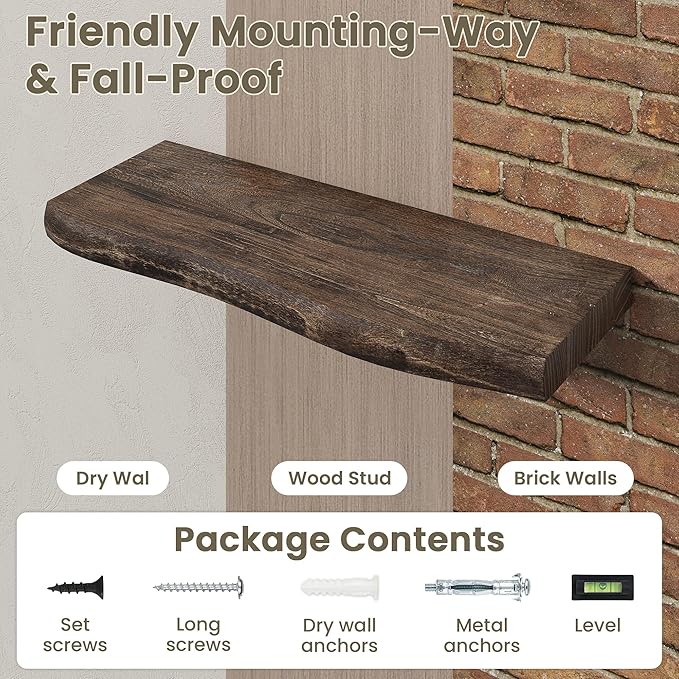 Fun Memories Floating Shelves for Wall Decor Set of 1-40 Inch Solid Elm Wood Live Edge - Rustic Walnut Wall Shelves with Invisible Brackets - for Living Room, Bedroom, Kitchen - Walnut Finish