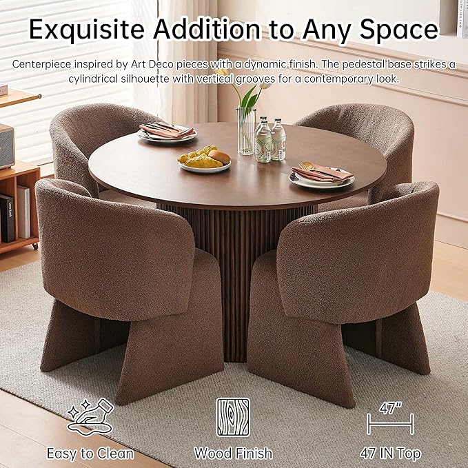 NORDICANA 5-Piece Round Dining Table Set for 4, Rustic 47-Inch Kitchen Table and Chair Set, Dining Set with Brown Upholstered Armchairs, Manufactured Wood Top with Walnut Veneer