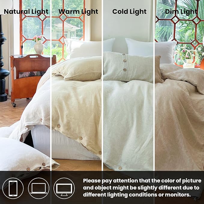 Simple&Opulence 100% Linen Duvet Cover Set 3pcs with Coconut Button Closure Natural French Washed Flax Solid Color Soft Breathable Farmhouse Bedding - Linen, California King