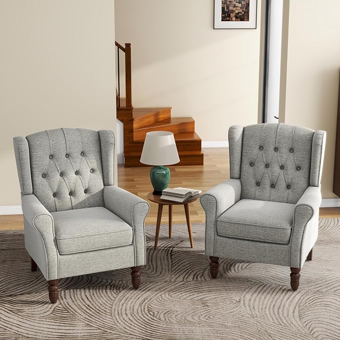 High Back Accent Chairs Set of 2, Upholstered Armchair in Fabric, Retro Wingback Arm Chair for Living Room, Comfy Single Sofa Bedroom Reading Seat with Solid Wood Legs - Light Gray
