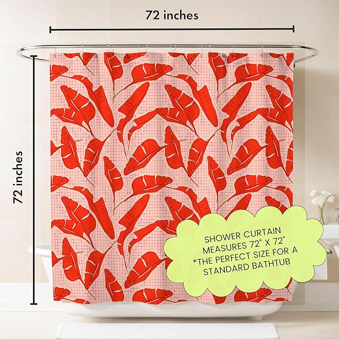 Pink Red Banana Leaf Print Shower Curtain - Tropical Palm Pattern - Modern Maximalist Home Decor - Bold Colorful Hotel Style Fabric Shower Curtain For Any Bathroom - 72x72 Inches (Red Palms)
