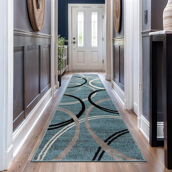 Rugshop Modern Wavy Circles Design Runner Rug, Carpet with Jute Backing for Hallway, Entryway, or Kitchen, Blue, 2'7" x 10'