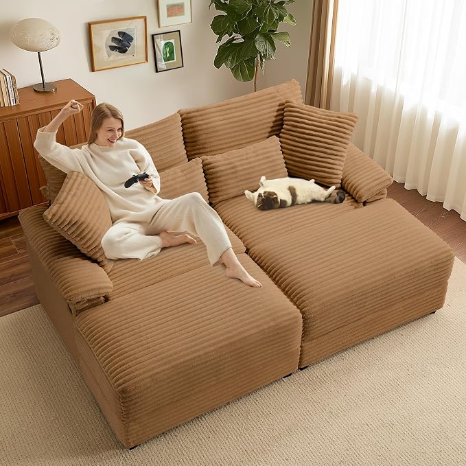 SUNWAVE 74" Double Chaise Lounge Chair Indoor, Oversized Loveseat with Removeable Ottoman, Corduroy Couch with USB Charging, Storage Ottoman, and Coffee Table Cushions for Living Room