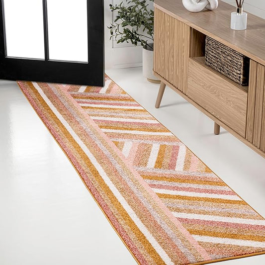 JONATHAN Y Retro Rainbow Stripe Runner Rug 2x8, Red/Gold/Cream, Contemporary, Casual, Coastal, Easy-Cleaning for Living Room, Bedroom, Kitchen, Pet Friendly, Non-Shedding (DZC102C-28)