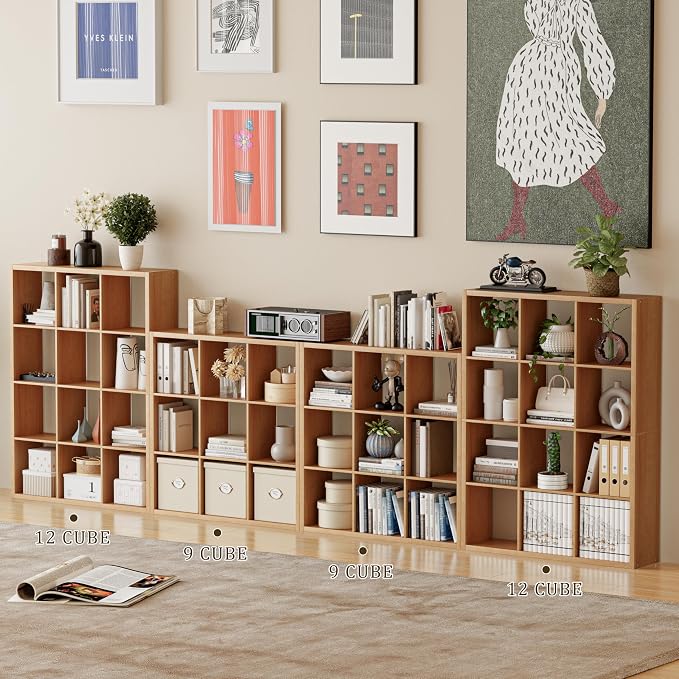 VDNEND Cube Storage Organizer Bookcase, Decorative 11 inch Open Back Cubical Shelf with Thickened Border, Display Bookshelf for Living Room, Home Office, Sturdy Room (Natural Oak, 12 Cube)