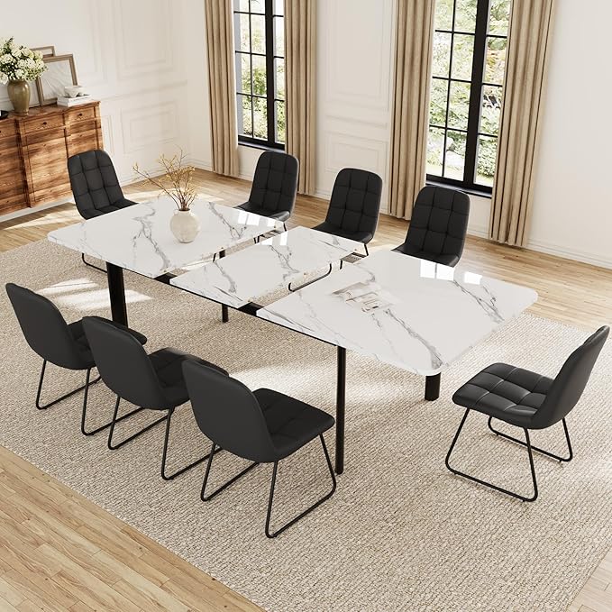 Extendable Dining Table Set for 6-8 People, 63 to 78.7 Inch MDF Kitchen Table with 8 Faux Leather Dining Chairs, Space-Saving for Dining Room, Breakfast Nook (White Table & 8 Black U-Shaped Chairs)