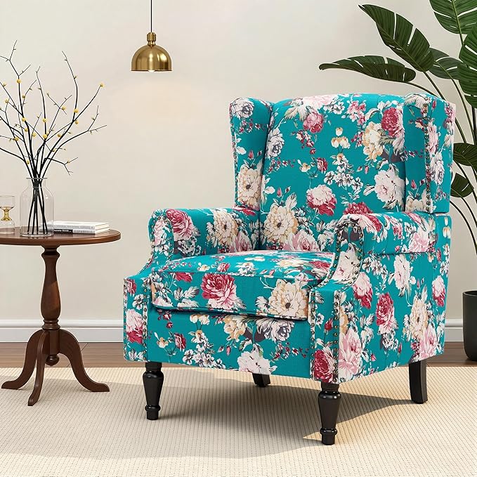 Wingback Chair, High Back Floral Accent Chair in Fabric, Comfy Upholstered Armchair with Nailhead Trim for Living Room, Single Sofa Reading Chair for Small Spaces, Bedroom-Peacock Blue