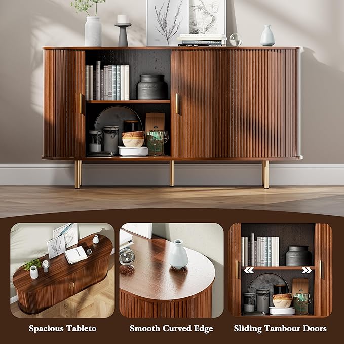 DHH Sideboard Buffet Cabinet with Storage,Mid Century Modern Fluted Accent Coffee Bar Console Table,Tambour Sliding Doors& Adjustable Shelf for Kitchen, Living Room, Entryway(Walnut,55 Inch)