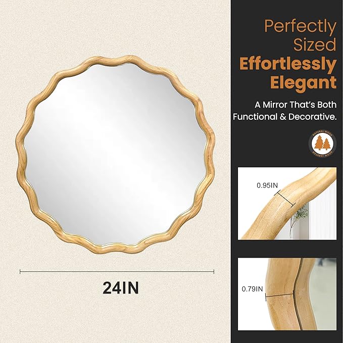 TRAHOME Round Wood Mirrors for Wall, 24" Boho Cirecle Wavy Mirror with Wooden Frame, Decorative Mirror with Tempered Glass, Natural Wooden Frame Vanity Mirror for Bedroom, Living Room, Entryway