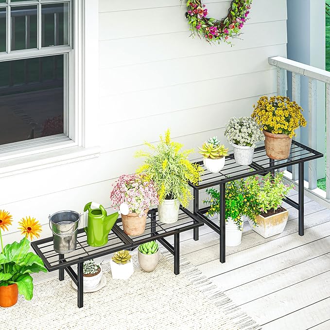 2 Tier Plant Stand Outdoor Indoor, Separated Tiered Folding Metal Plant Shelf Multiple Plant Holder Ladder Display Rack for Corner Garden Balcony Patio Porch, Easy Assembly (Black)