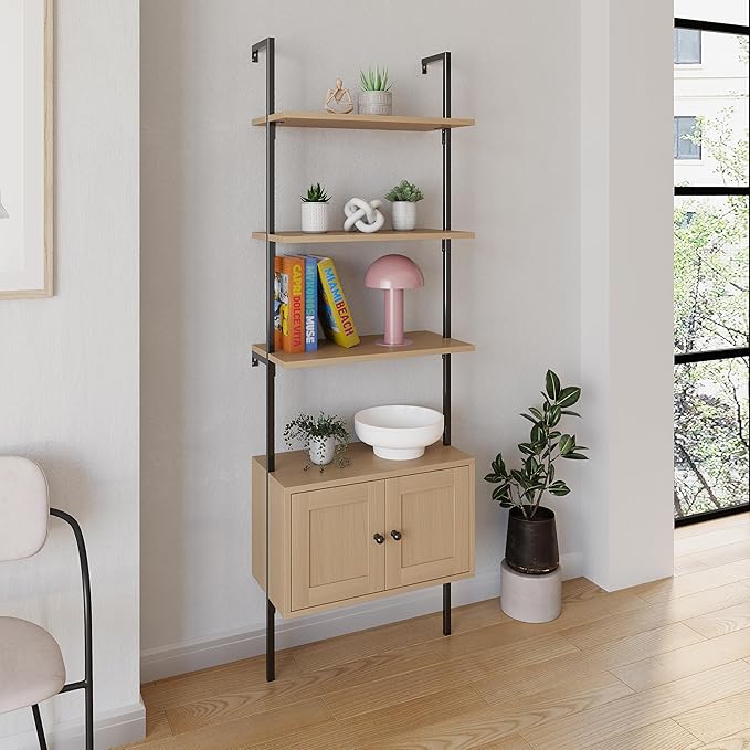 happimess MSH1002B Tulare 72.05" MidCentury Industrial 4-Shelf Wood Wall-Mounted Open Ladder Bookcase with Cabinet and Metal Frame, Light Oak/Black