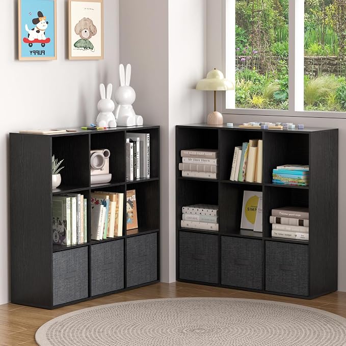 Wooden 9 Cube Storage Organizer with Closed Back Panel,Black Cube Shelf Cubby Storage Organizers with Compartments for Living,Bookshelf,Organizers Easy to Install (Black, 9 Cube)