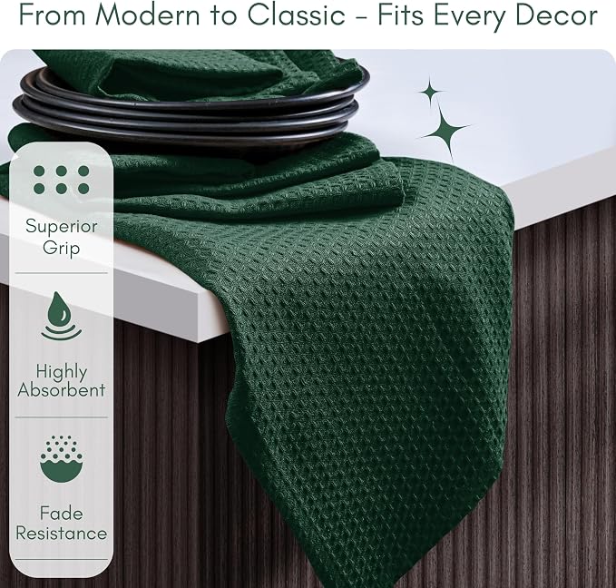 TWINY threads Kitchen Towels - Set of 6, 100% Cotton Waffle Weave Easter Dish Towels with Hanging Loop, Soft and Washable for Table Cleaning, Dinning, Parties - 16"X 26" - Olive Green