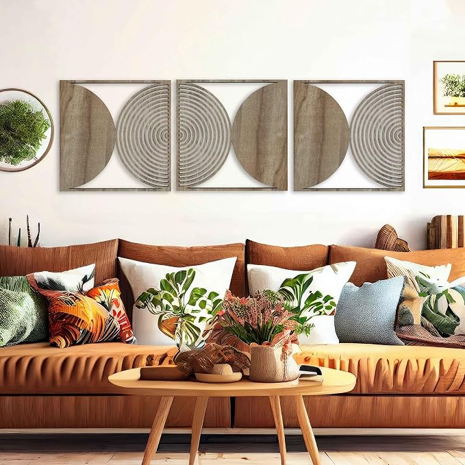 Geometric Wood Wall Art Large, Mid-Century Modern Wall Decor, Circular Panels for Bedroom or Living Room, Rustic Boho Wood Wall Accent #59