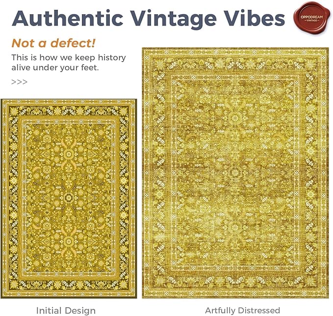 OPPODREAM Vintage Yellow Round Rug 3ft, 3 ft Retro Washable Circle Rug Non Slip, Low-Pile Faux Wool Circular Carpet, Distressed Floor Mat for Living Room, Bedroom, Office, Dorm, Dinning Room