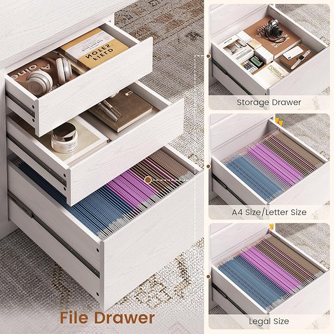 SEDETA Modern L Shaped Desk with 3 Drawers, 63" Executive Office Desk with File Drawer, Wood Corner Computer Desk with U-Shaped Legs & Relief Texture, Home Office Desk with Power Outlet, White