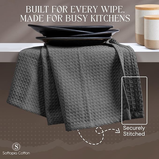 Gray Kitchen Towels – Waffle Weave, 100% Cotton, Soft & Absorbent, Fast Dry, Durable, 16x26 Inches, Perfect for Dish Drying, Bar, Cleaning, and Everyday Use, Set of 12, Grey