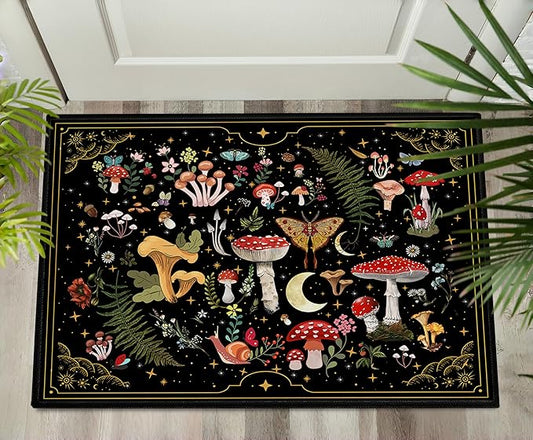 Mushroom Door Mat Indoor Entrance Black Entry Rug Non Slip 2x3 Small Area Rug Carpet for Entryway, Kitchen, Front Door Indoor Entrance Washable Doormat Witchy Decor