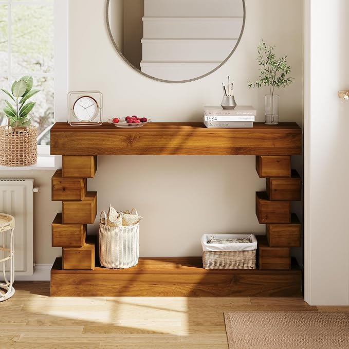 Wood Console Table, 47.24" Retro Long Boho Sofa Table Behind Couch with Geometric Block Stacked Design, Wooden Narrow Sofa Table Hall Table for Living Room Foyer Entrance Entryway, Brown