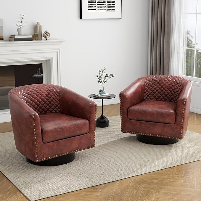 UIXE Faux Leather Swivel Accent Chairs Set of 2, Upholstered Barrel Club Chair for Living Room, Round Armchair Comfy Single Sofa Bedroom Reading Seat - Red Brown