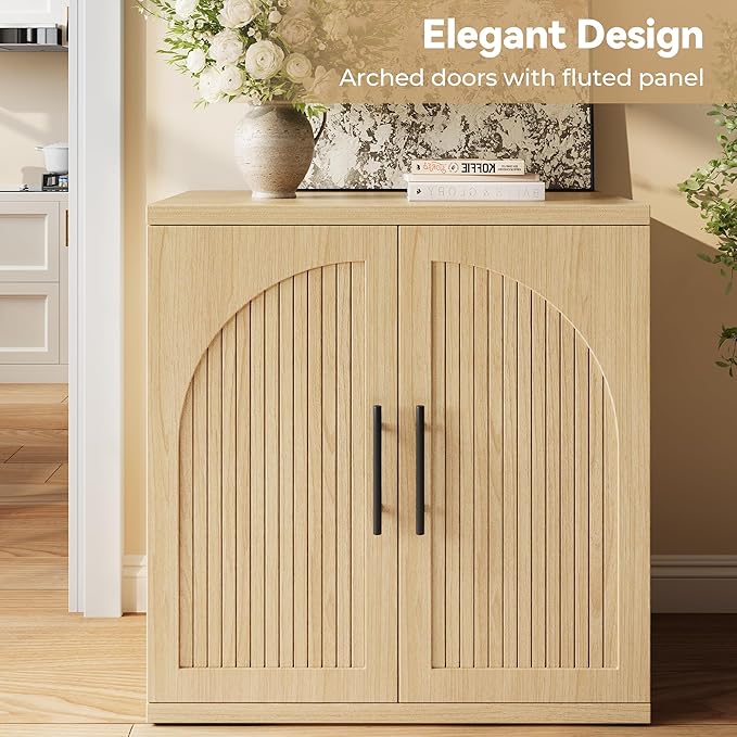 31.5" Fluted Buffet Cabinet with Storage, Modern Symmetrical Arched Sideboard Credenza with Adjustable Shelf, Elegant Wood Console Table for Dining Room, Kitchen, Living Room(Oak)