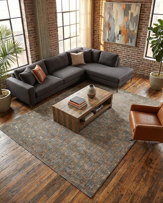 Rugs.com - Vogue Geo Rug – 10' x 13' 1 Gray and Gold Modern Textured Pile Area Rug – Stain Resistant and Easy to Clean, Perfect for Living Rooms, Bedrooms, and Dining Rooms