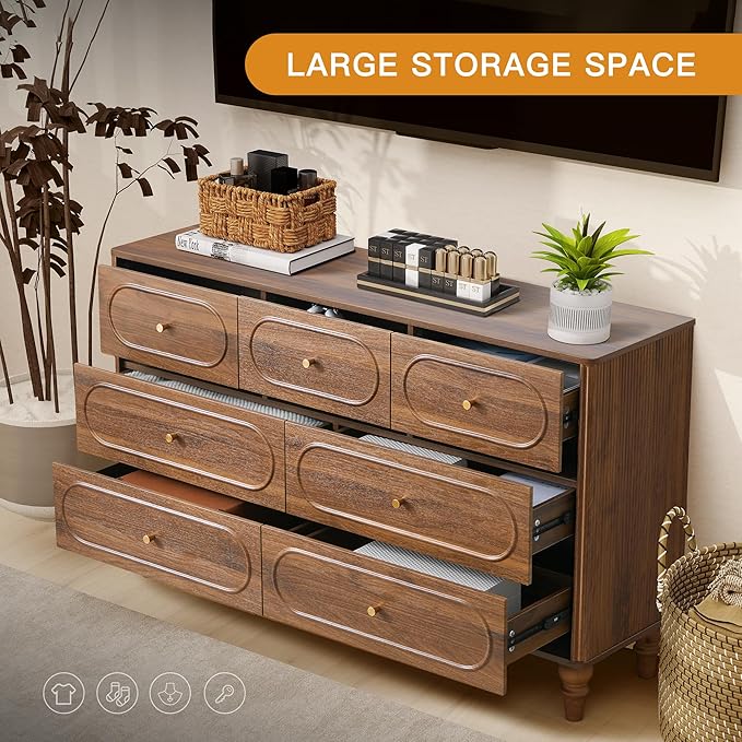 ORRD Fluted 7 Drawer Dresser for Bedroom, Mid Century Modern Chest of Drawers, Wood Storage Large Dresser Organizer for Bedroom Living Room Hallway Closet, Walnut