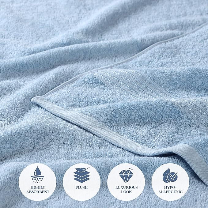 Superior Heritage Egyptian Cotton Bath Towel Set, Large Body Towels for Home Bathroom, Master, Guest Bath Decor, Plush, Absorbent Basics, Spa, Hotel, Resort, Luxury Essentials, Set of 4, Light Blue