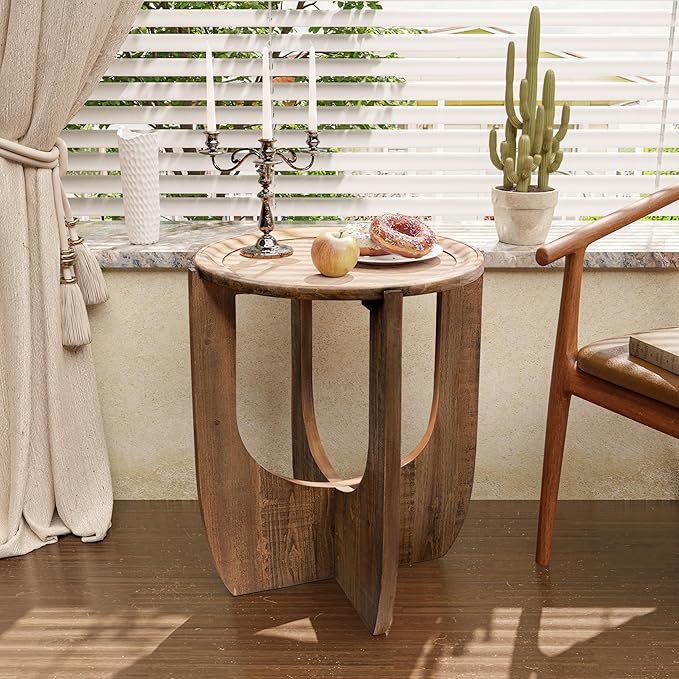 COZAYH Rustic Farmhouse End Table, French Country Accent Side Table for Family, Dinning or Living Room, Small Spaces, Modern, Round, Brown End Table