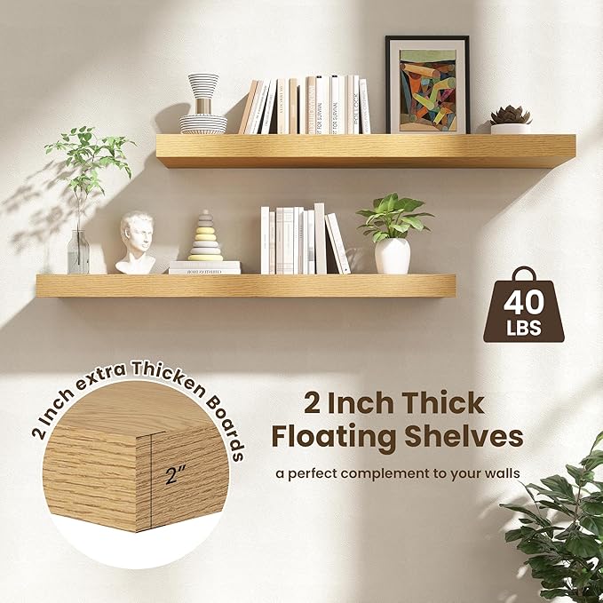 48 Inch Floating Shelves | 12 Inch Deep Oak Floating Shelves Set of 2 | 48" W x 12" D Oak Wall Shelves for Bathroom Living Room Kitchen Laundry Room