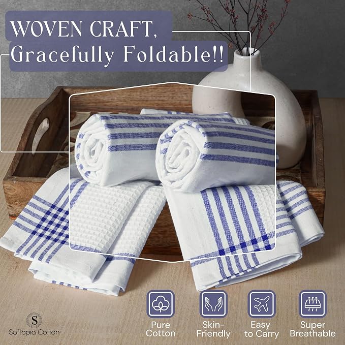 Waffle White & Indigo Blue Kitchen Towels 4 Pack, 100% Cotton, 16x26 inches, Premium Dish Towel, Long Lasting Bar Mop Cloths, Perfect for Drying Dishes, Cooking and Cleanup