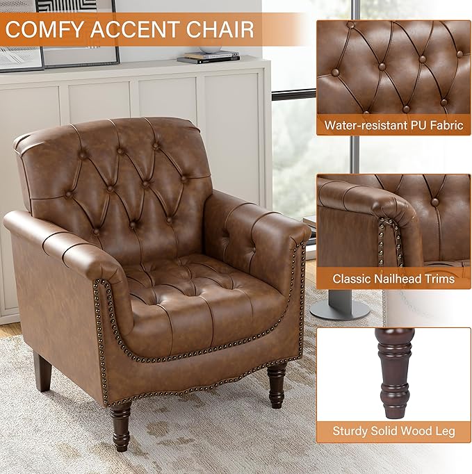 Faux Leather Club Chair, Retro Upholstered Armchair Accent Chair with Solid Wood Legs & Nailhead Trim for Living Room, Bedroom, Reading Room, Brown