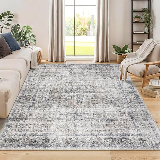 Washable Boho 10x13 Area Rug for Living Room Low Pile Soft Bedroom Rugs Non Slip Distressed Medal Print Large Indoor Carpet Thin Foldable Boho Vintage Carpet for Playroom Farmhouse, Beige