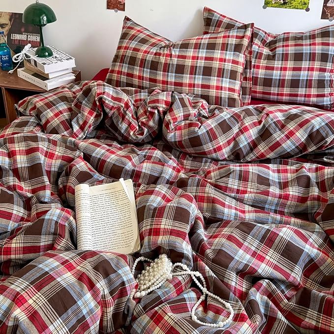 mixinni Vintage Red & Brown Buffalo Plaid Duvet Cover Set King Size - 3 Piece Washed Cotton Bedding Set with Classic Checkered Pattern, Cozy Farmhouse Duvet Cover with Pillowcases for All Seasons