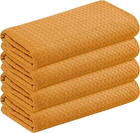 Mustard Yellow Waffle Kitchen Dish Towels 100% Cotton, Soft, Absorbent, Quick Drying, Multipurpose Use, Bar & Hand Towels, 16x26 Inches, Durable, Machine Washable, Reusable, Set of 4