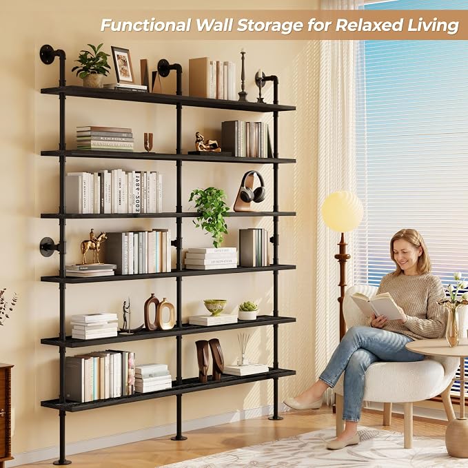 6 Tier Industrial Ladder Shelf Bookcase, Wall Mounted Rustic Bookshelf for Living Room Decor and Storage (Black, 6 Tier - 10" D x 70" W x 82.5" H)