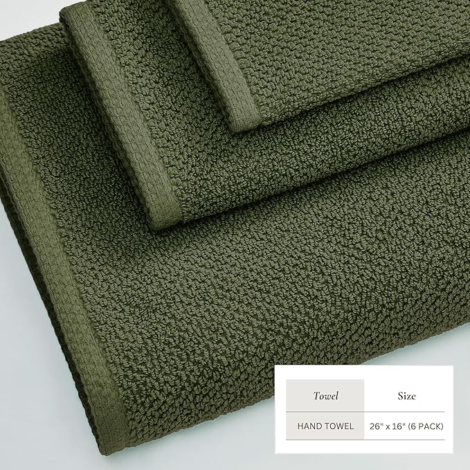 Great Bay Home 100% Cotton 6 Pack 26x16 Hand Towel Set - Absorbent, Quick-Drying, Durable Towels for Bathroom Decor - Low-Twist, Two-Ply Fibers (Forest Green)