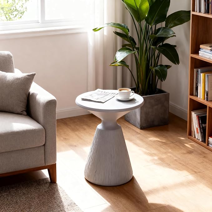 ø16.73'' Faux Concrete Cement Round Side Table End Table, Modern Contemporary Minimalist White Finish Style, MGO & Fiberglass Material for Indoor & Outdoor, No Assembly, Aqua Grey