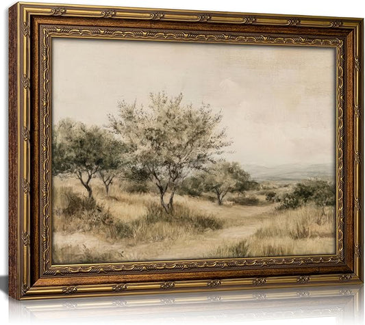 Vintage Gold Framed Olive Tree Landscape Wall Art - Retro Country Farmhouse Canvas Prints, Rustic Nature Scene Painting Prints Artwork for Living Room Bedroom Dining Room Decor，16x24in