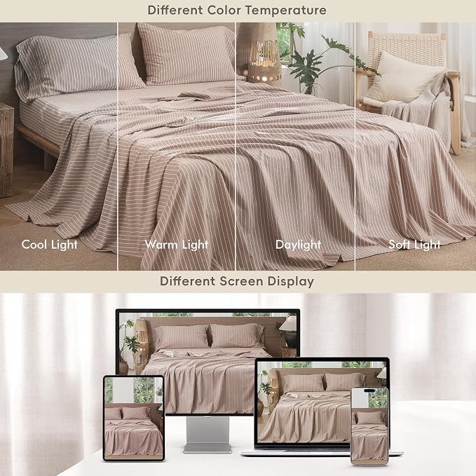 MooMee Striped Sheet Set 100% Washed Cotton Linen Like Textured Breathable Durable Soft Comfy (Dark Orange White Wide Stripes, Queen)