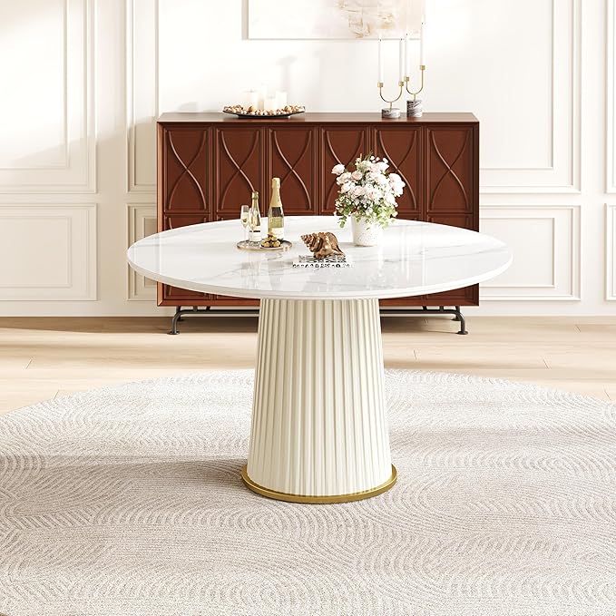 43" Round Dining Table for 2 4 5, Modern Sintered Stone Top Wood Circle Kitchen Table with PU Leather Iron Pedestal for Dining Room Kitchen, Dinner Living Room, Restaurant White