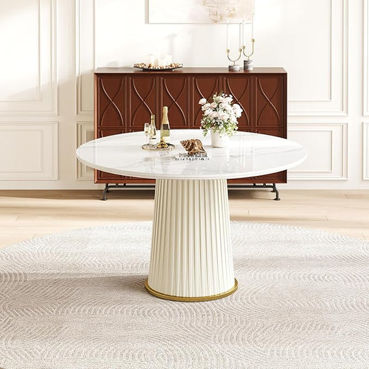 43" Round Dining Table for 2 4 5, Modern Sintered Stone Top Wood Circle Kitchen Table with PU Leather Iron Pedestal for Dining Room Kitchen, Dinner Living Room, Restaurant White