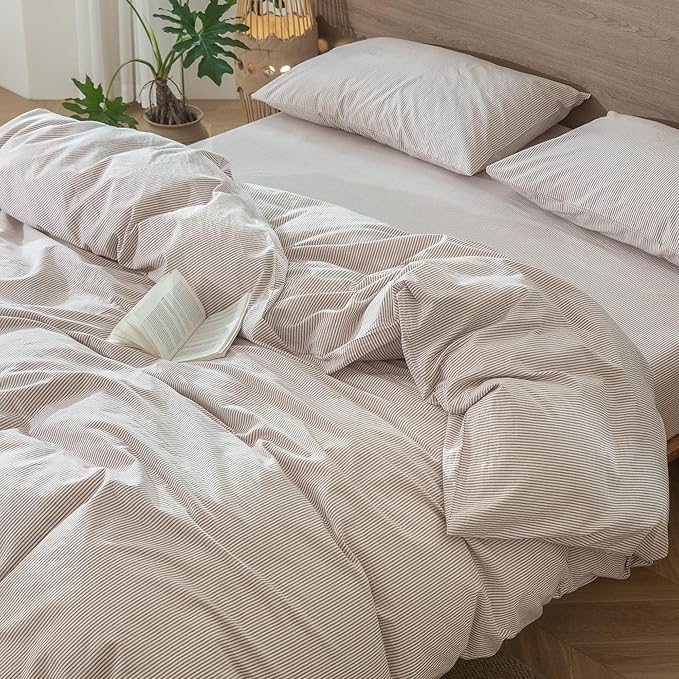 MooMee Striped Duvet Cover Set 100% Washed Cotton Linen Like Textured Breathable Durable Soft Comfy (Orange Pinstripes, King 104"x90")