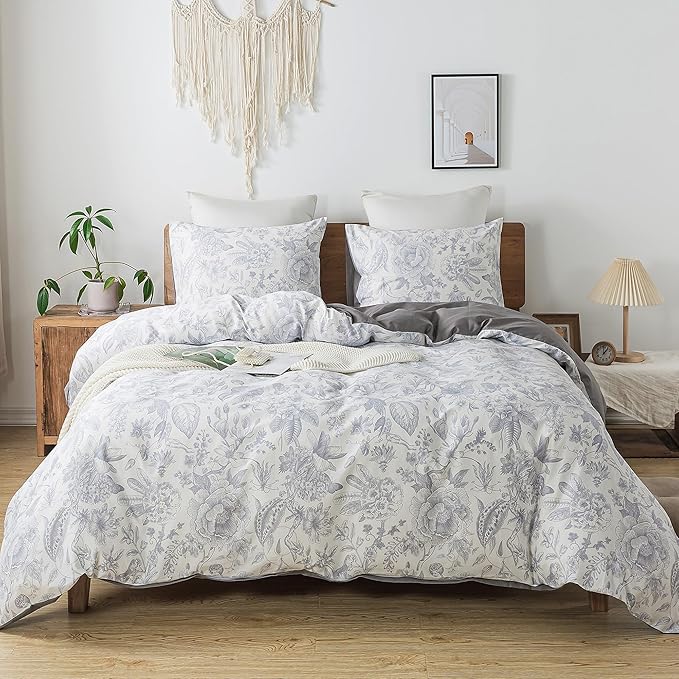 HoneiLife King Duvet Cover Set - 100% Cotton Comforter Cover Floral Duvet Cover Sets,Soft & Breathable Duvet Cover with Zipper Closure and Corner Ties,3pcs Wildflower Comforter Cover Sets-Herbs