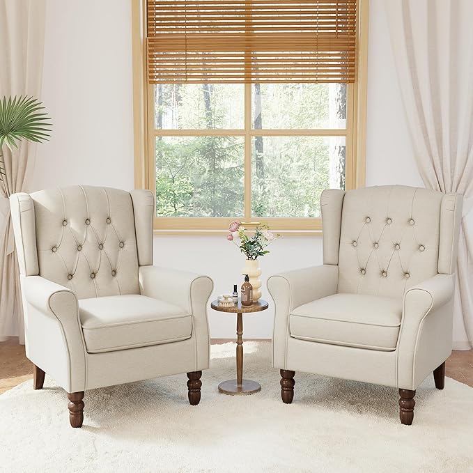Accent Chairs Set of 2, High Back Upholstered Chair with Button Tufted, Mid-Century Modern Comfy Wingback Chair Reading Armchair in Fabric for Living Room for Bedroom, Office-Beige