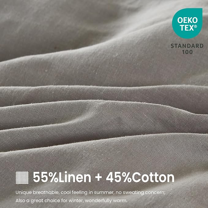 FALUCA French Linen Blend Duvet Cover Set 3Pcs Queen (88"x92") - Soft, Breathable, Cooling Farmhouse Bedding for Hot Sleeper (Queen, Light Grey)