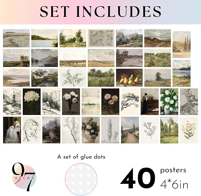 97 Decor Vintage Wall Art Decor - 40 Pcs Vintage Prints For Wall Decor Aesthetic, French Country Wall Collage Kit Landscape Painting Nature Pictures For Bedroom (4x6)
