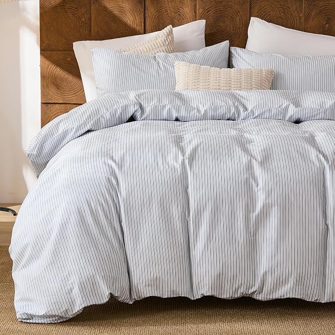 Merryword Striped Duvet Cover Set Queen Size - 100% Cotton Duvet Cover Set with Zipper Closure & 8 Corner Ties, Blue Pinstripe Bedding Set 3 Pieces, Soft Linen Like Bedding Set for All Seasons