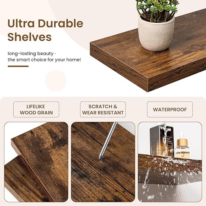 Marsmiles 32in Floating Shelves for Wall, 32" W x 9.25" D x 1.25" H, 2 Pack Long Wall Mounted Engineered Wood Shelves with Invisible Brackets for Living Room, Bedroom, Bathroom, Kitchen, Rustic Brown